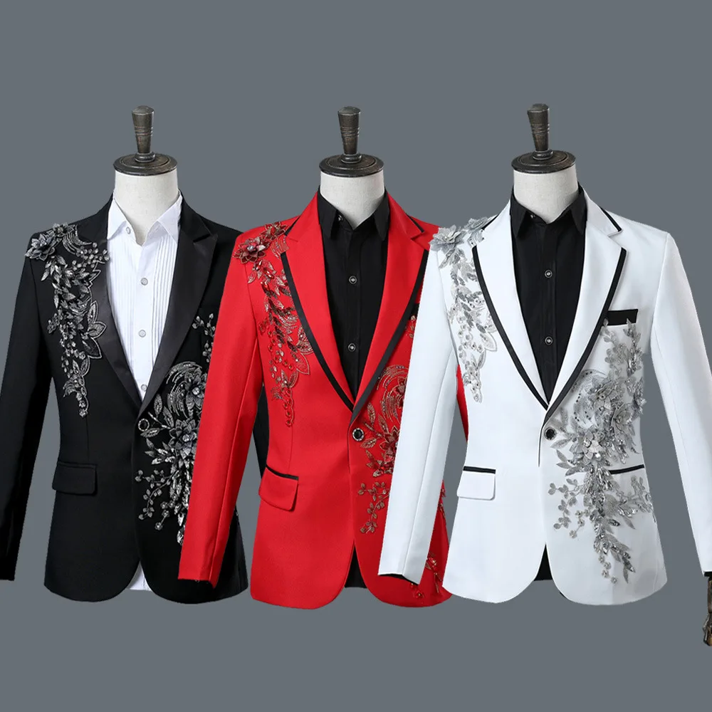 Stage Singer Costume Homme Nightclub DJ Performance Mens Suits with Pants XXL White Sequin Embroidered Wedding Prom Dress Suits