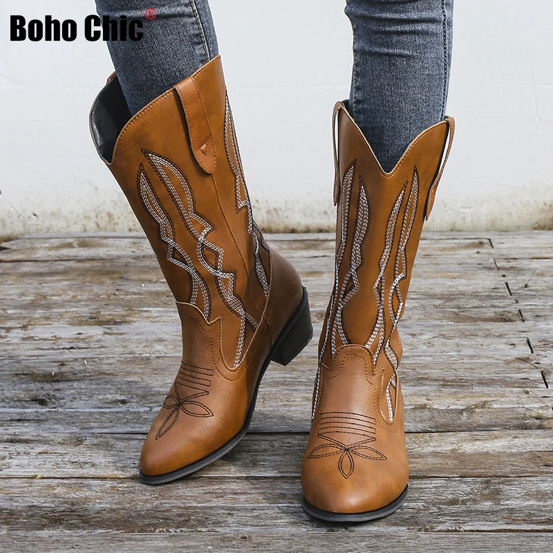

Boho Chic Autum Boot Ankle Knee High Booties Ladies Shoes Bohemia Folk Style Heel Hippie PU Leather Woman Fashion Winter 2021
