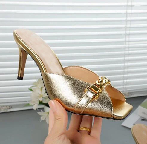 

Moraima Snc Metal Chains Decorations High Heel Shoes Summer Peep Toe Thin Heels Women Sandals Party Heels Gold Silver Black