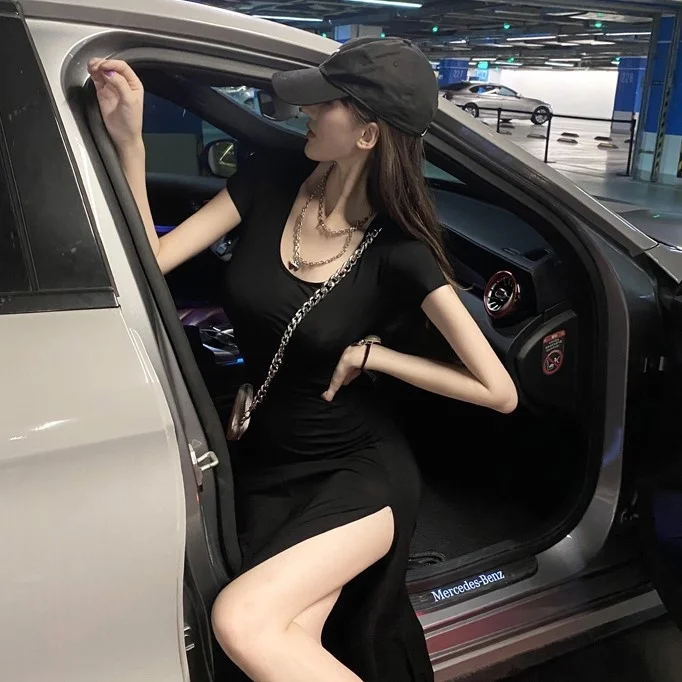 

V-neck Dress Split Knee-Length Long Dress Sexy Slim Fit Slimming Hooded Dress