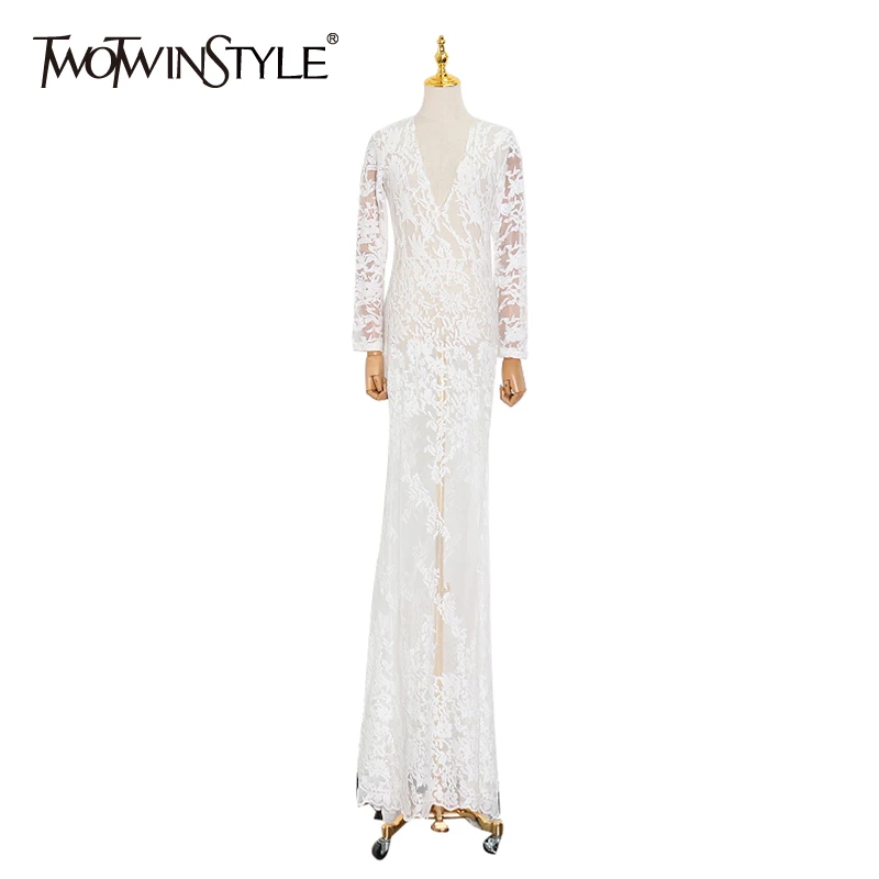 Женское кружевное платье TWOTWINSTYLE белое винтажное с v образным вырезом длинными