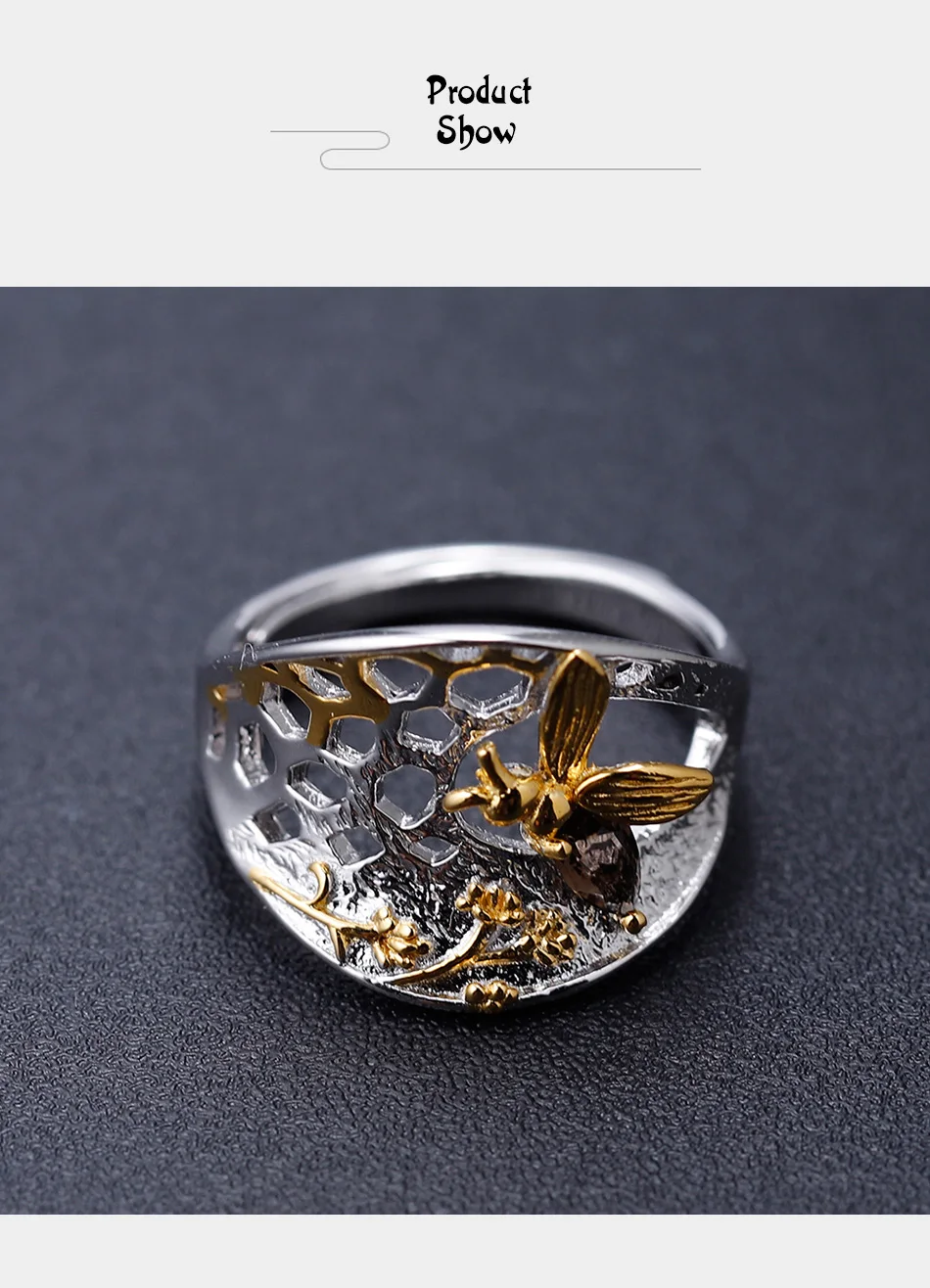 Gem балетки 0.21Ct природный дымчатый кварц Золотое кольцо с пчелиными сотами 925 пробы Серебряное кольцо ручной работы для Для женщин, хорошее ювелирное изделие