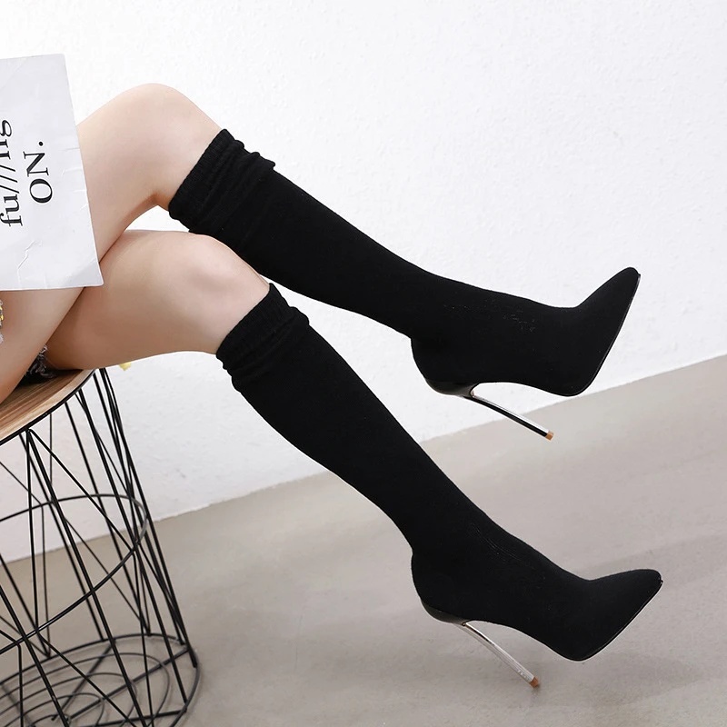 Осень зима острым эластичной ткани на высоком каблуке 12 см сапоги с теплым носком