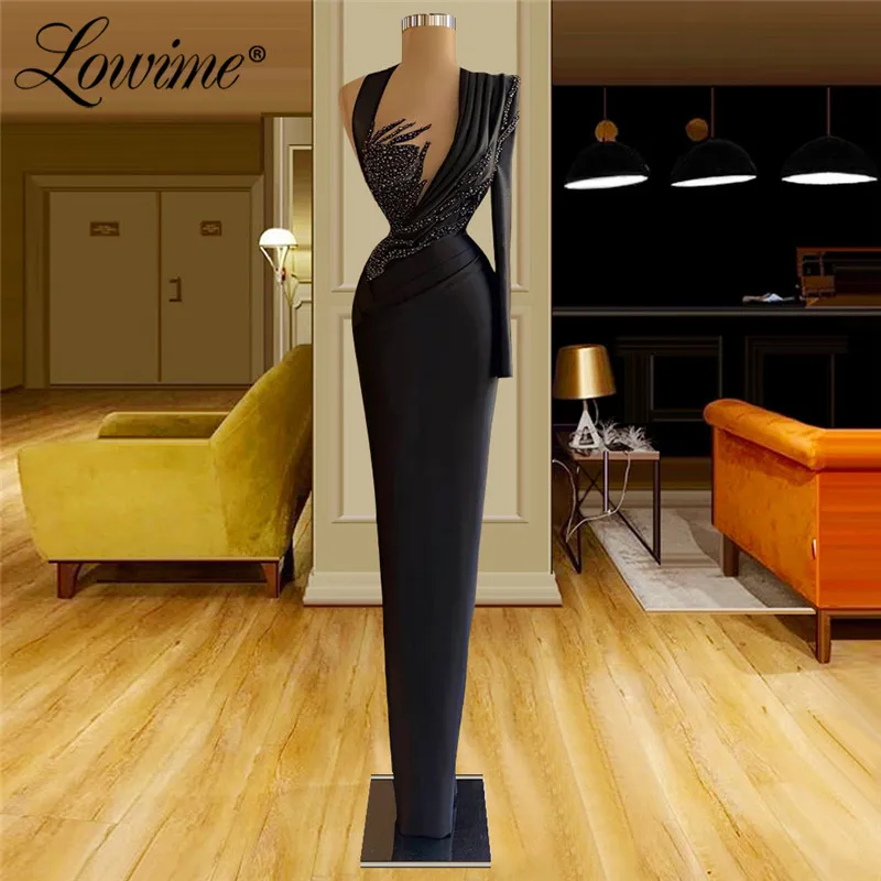 

Lowime Beaded Black Evening Dresses One Shoulder Dubai Arabic Party Gowns For Women 2021 Customized Formal Prom Dress Robe Festa