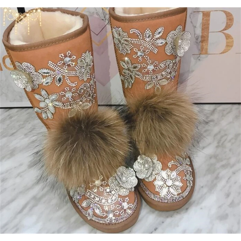 

Winter new high-grade leather thick cotton boots Heavy-duty rhinestone three-dimensional flowers anti-skiing boots real hair