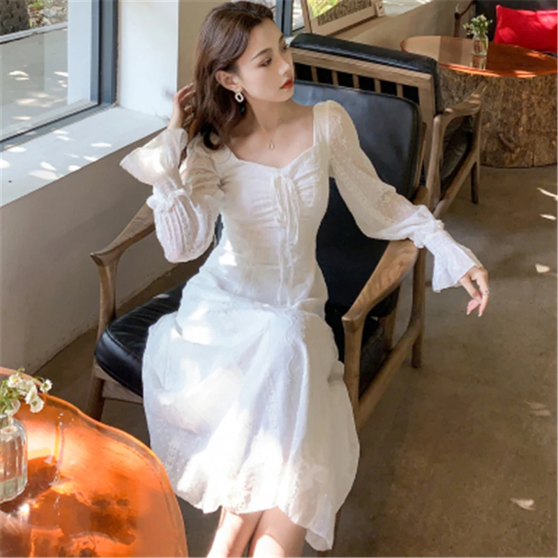 

Shop1314 Temperament Lace-up Women Dress Fashion Transparent Flare Sleeve V Neck Lace Dress Woman Summer Dresses