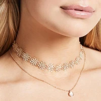 fashion crystal gem pendant multilayer necklace sweet and exquisite design metal hollow flower neckband ladies jewelry