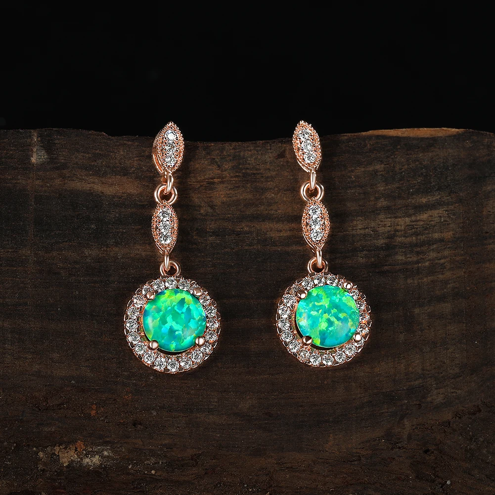 

Bohemia Rose Gold Round Green Opal Stone Dangle Earrings Long Vintage White Zircon Eardrop For Women Exquisite Wedding Jewelry