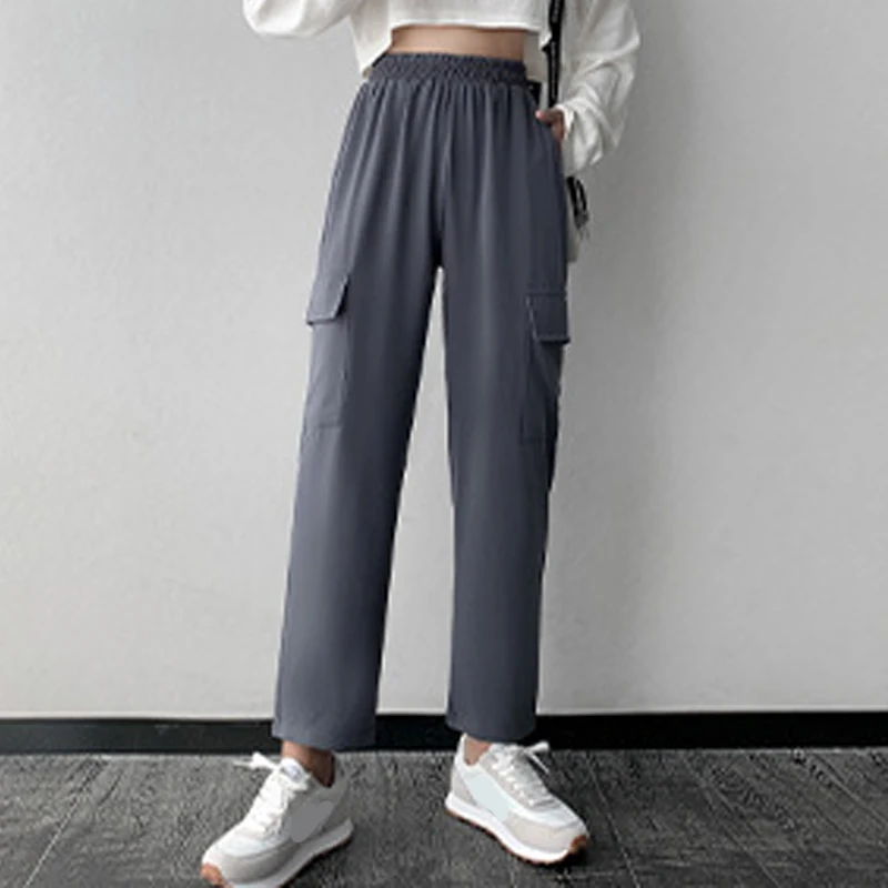 

Однотонные Женские Брюки с карманами и высокой талией, широкие брюки с эластичным поясом, повседневные женские прямые брюки, осенние женски...