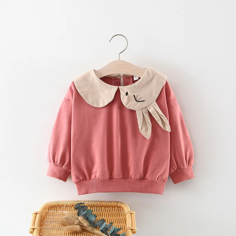 

Весенняя детская новая Однотонная рубашка с отложным воротником и кроличьими ушками корейская детская футболка с длинным рукавом