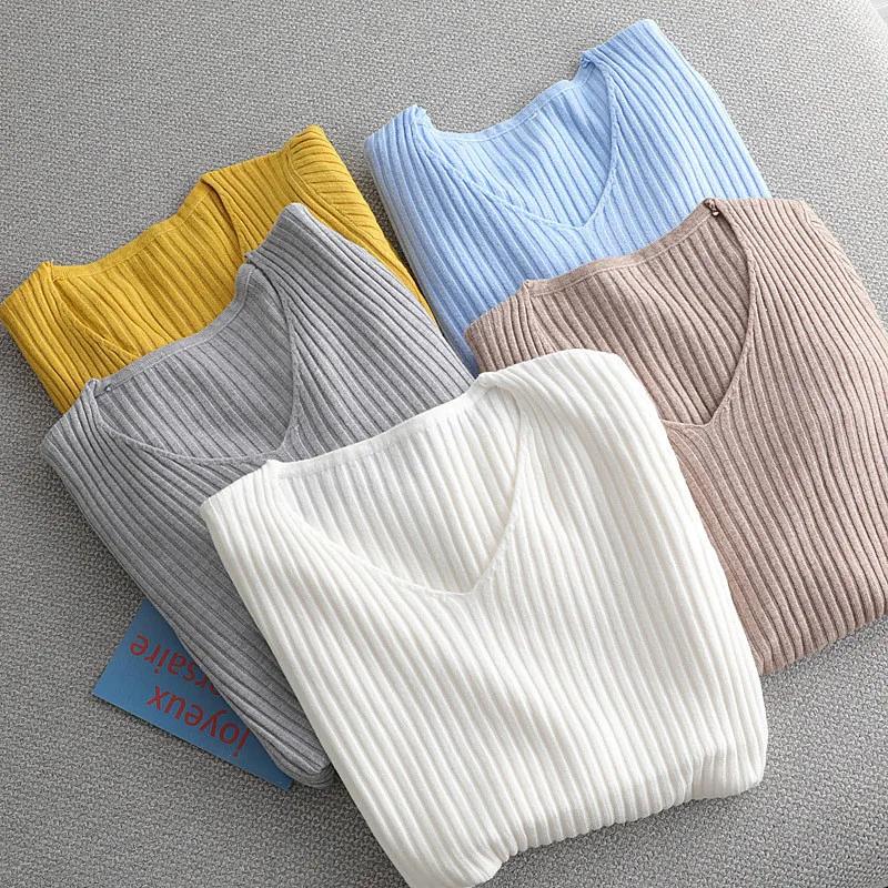 

Spring Autumn Basic V-neck Sweater Pullover Women Solid Slim Long Sleeve Knitted Sweater Soft Top Womens Winter Sweaters
