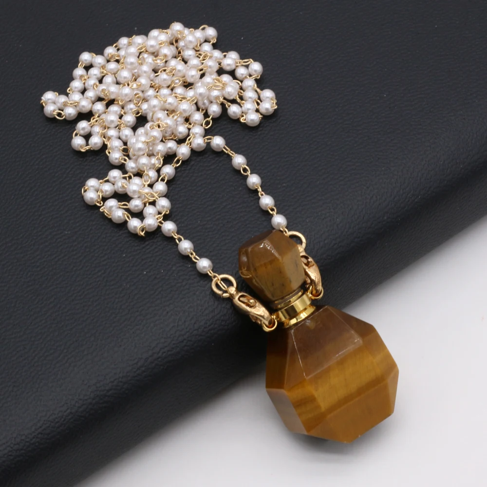 

New Natural Tiger Eye Stone Pendant Necklace Women Agates Perfume Bottle Essential Oil Diffuser Pendant Necklace Pearl Chain
