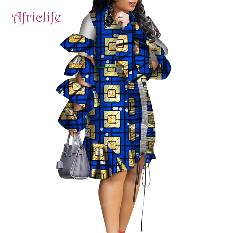 

2021 Dresses for African Women Ruffle Sleeve Knee-Length Shirt Traditional Clothing Bazin Riche Print Plus Size Clothing WY4374