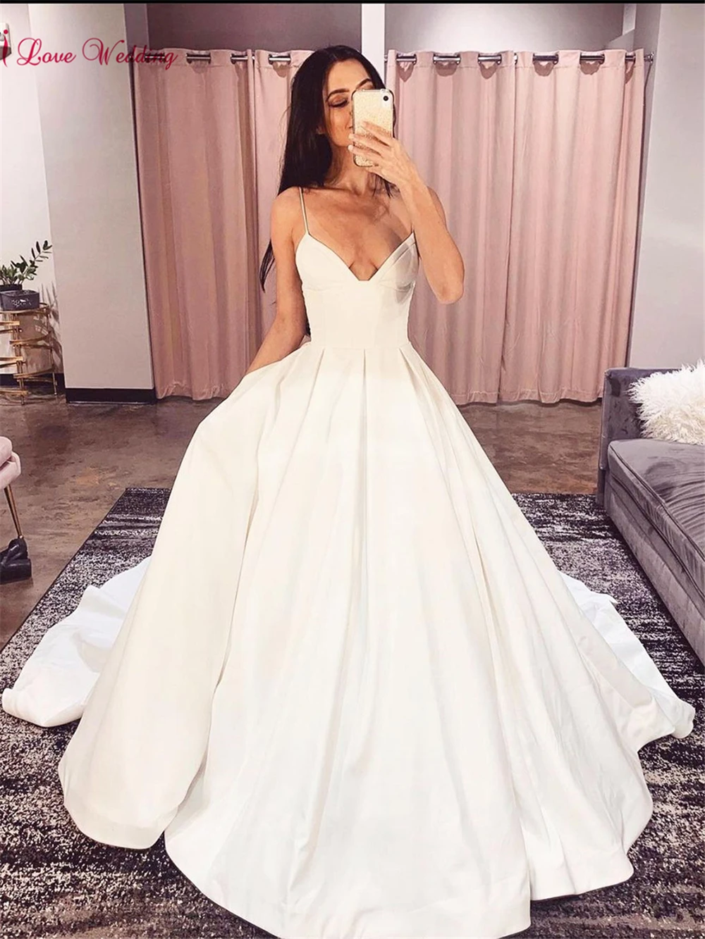 

Vestidos De Novia Sexy V Neck Spagetti Lace Up Back Floor Length Bride Wedding Dress Soft Satin Ball Gown White Party Dress 2021