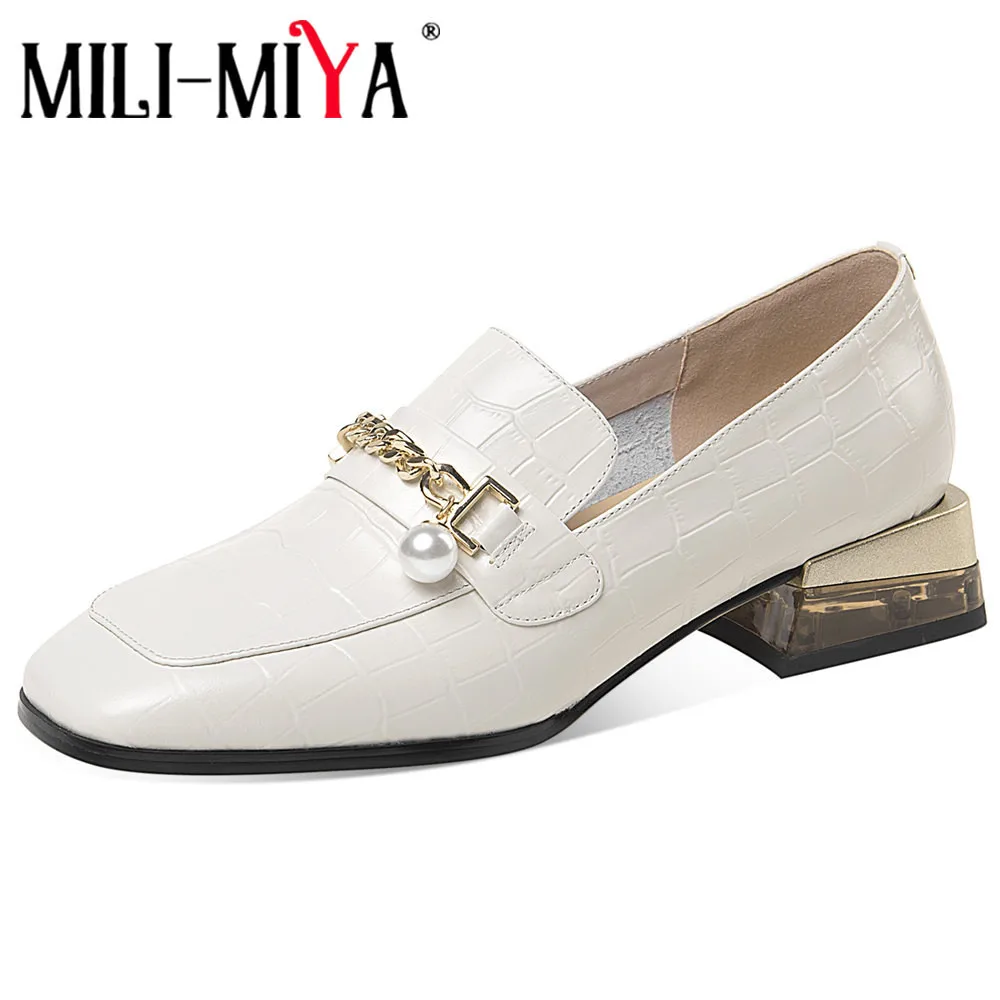 

Женские туфли-лодочки из натуральной кожи, повседневные однотонные туфли на платформе, с квадратным носком, с металлической цепочкой, MILI-MIYA,...