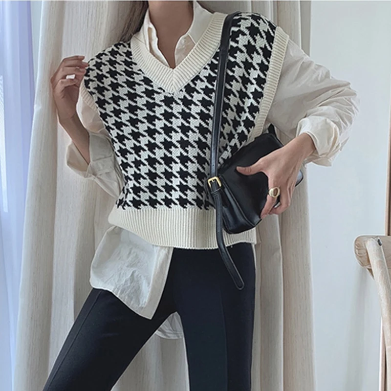 Женский шерстяной вязаный жилет Y2KHoundstooth новинка 2022 Осенний Свободный корейский