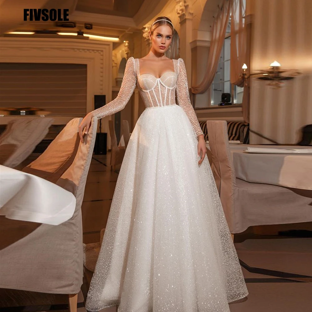 

Fivsole Glitter A Line Wedding Dresses Vestido De Novia Long Sleeves Sweetheart Boning Corset Modern Bridal Dresses Sweep Train