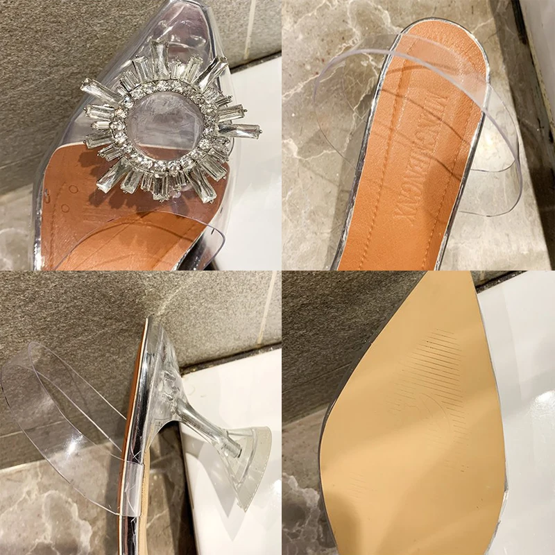 

Bohemian Transparent High Heels Fashion Elegant Rhinestone Pointed Toe Wedding Party Sandals Luxury Slip-On Non-Slip Woman Shoes