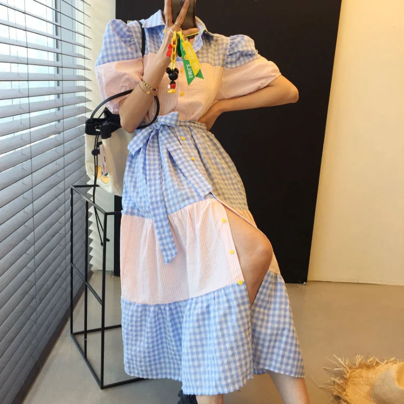 

Korejpaa Women Dress 2021 Summer Western Style Lapel Single-Breasted Color-Blocking Geometric Plaid Puff Sleeve Shirt Vestidos