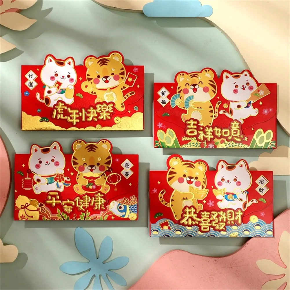 

4PCS 2022 Chinese Year Of Tiger Red Envelopes Cartoon Tiger Hongbao Spring Festival Money Pockets Wedding Lucky Packets Gift Bag