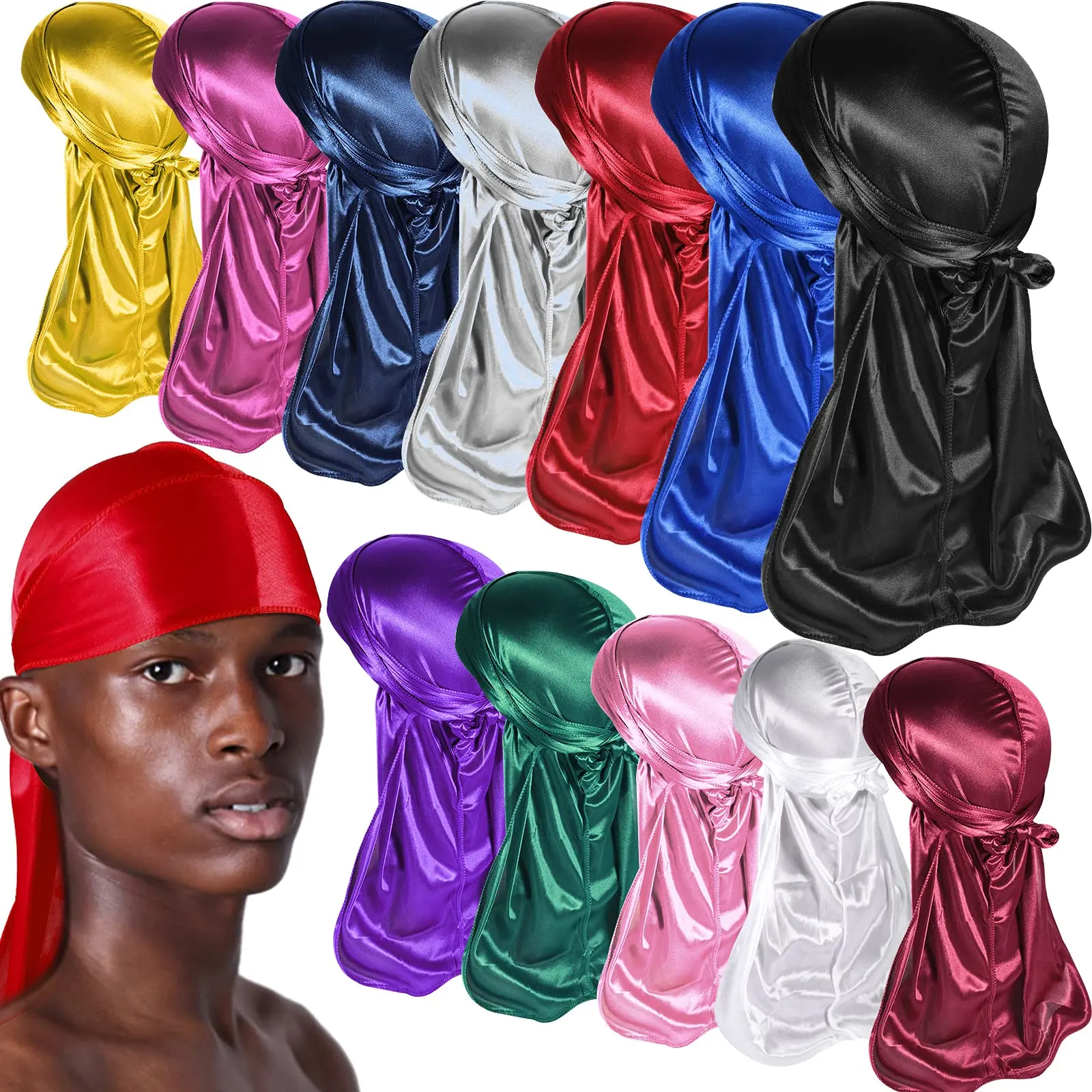 Solid Color Silk Satin Durag Headwear Soft Long Tails Headbands Turban Waves Cap Headwrap Hats Beanie For Men Hair Accessories