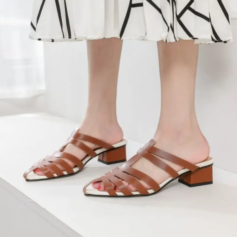 

Coolcept Women Shoes Sandals Pointed Toe Chic Style Thick Heel Slip On Shoes Slides Mules Cut Out Shoes Footwear Size 33-40