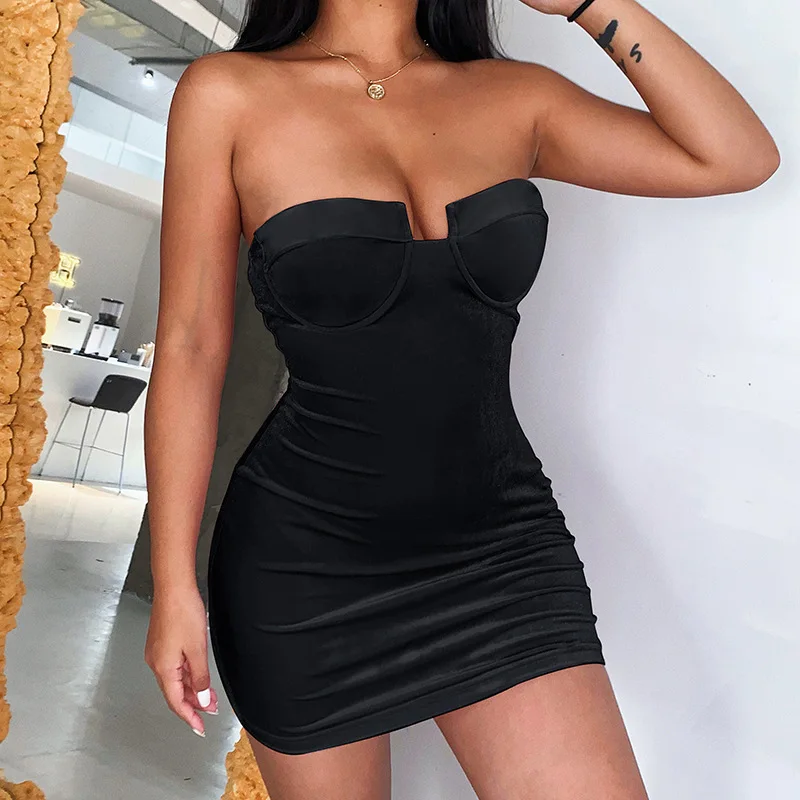 

Solid Velvet Strapless Slash Neck Sexy Mini Tube Dress Summer Fall Slim Party Club Elegant Streetwear Outfit Y2K