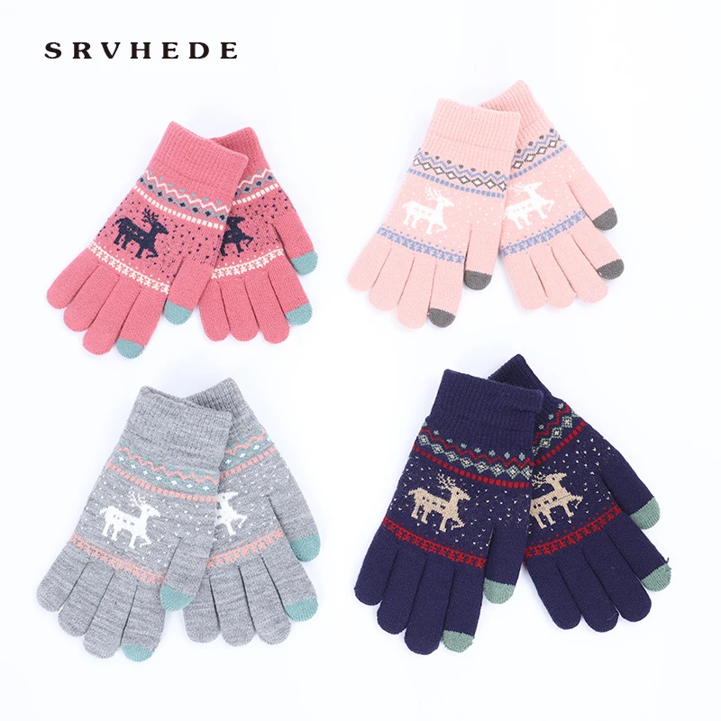 Зимние женские винтажные вязаные перчатки с оленем утепленные сенсорным экраном
