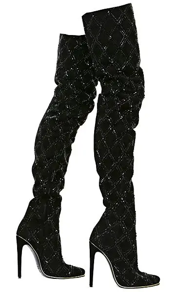 

Женские блестящие яркие Сапоги выше колена на высоком каблуке, черные тканевые сапоги с блестками для подиума, сапоги на высоком каблуке, размер