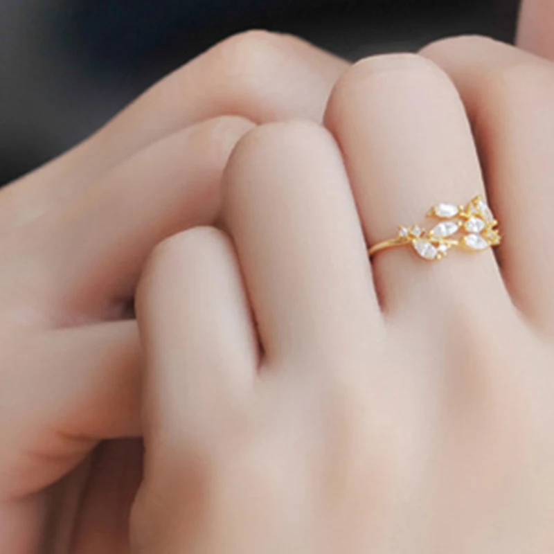 Золотой японский и корейский стиль простые листья Циркон открытие кольцо