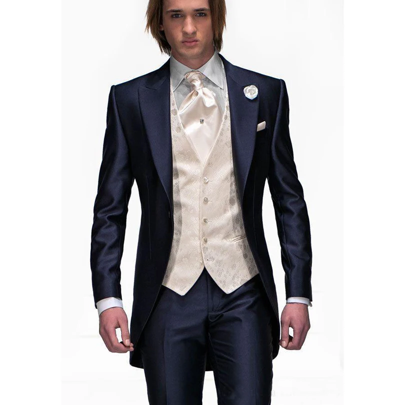Peak Lapel Royal Blue Tailcoat Slim Fit Groom Tuxedos Men's Wedding Suits Prom Clothing men suit (Jacket+pants+tie+vest)