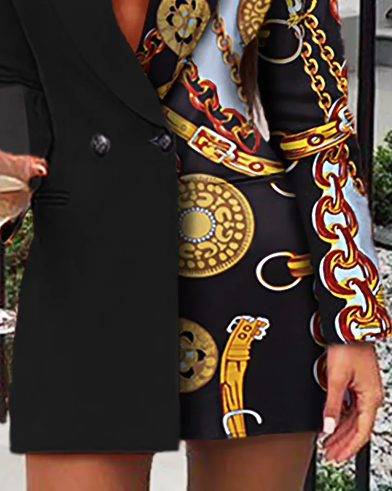 

Chain Print Elegant Notch Collar Patchwork Mini Dress Women's Long Sleeve Blazer Dress vintage black casual women's dresses