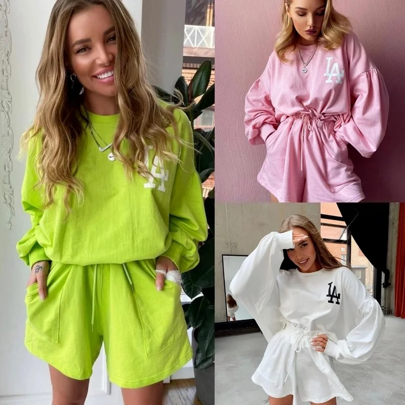 

Green 2 Piece Set Outfits for Women Long Sleeve Pullover Sweatshirt Lady Lace Up Shorts Set Loose Casual Tracksuit Summer 4color