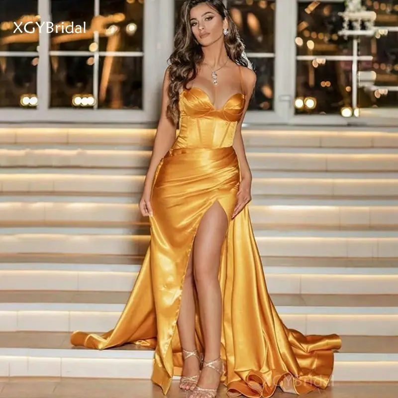 

2021 Сексуальные вечерние платья-русалки, атласное длинное платье для выпускного вечера, вечернее платье с высоким разрезом в Дубае, деловые ...