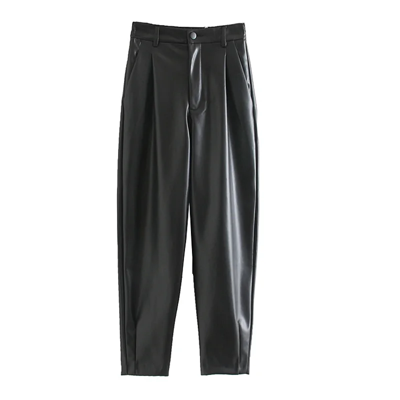 

Women Casual PU Solid Straight Pants 2020 Elastic waist Button Pocket Female Elegant Fashion Street Pants Trousers Clothes