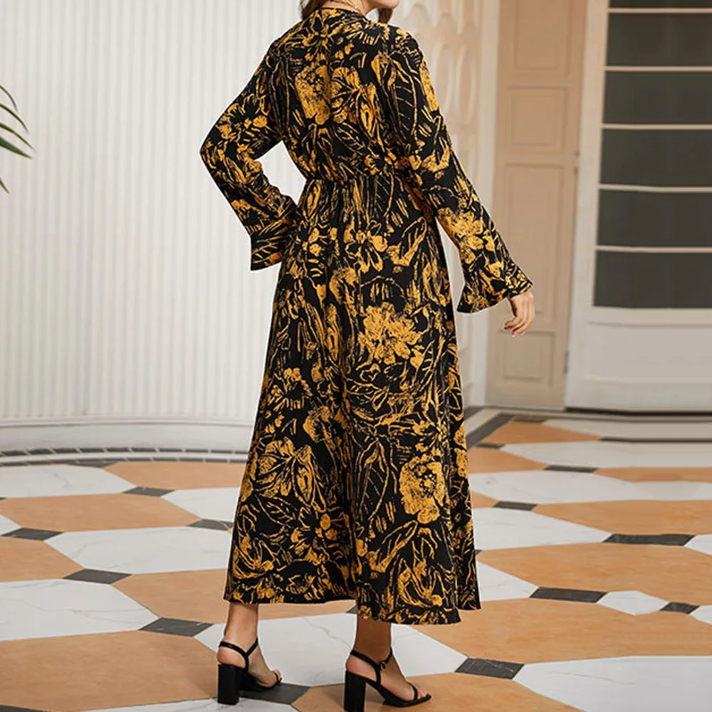 

Muslim Ladies Dresses Spring Autumn Fashion Loose Casual Oversize Indie Retro Simple Hot Sale Printing Flared Sleeves V-neck