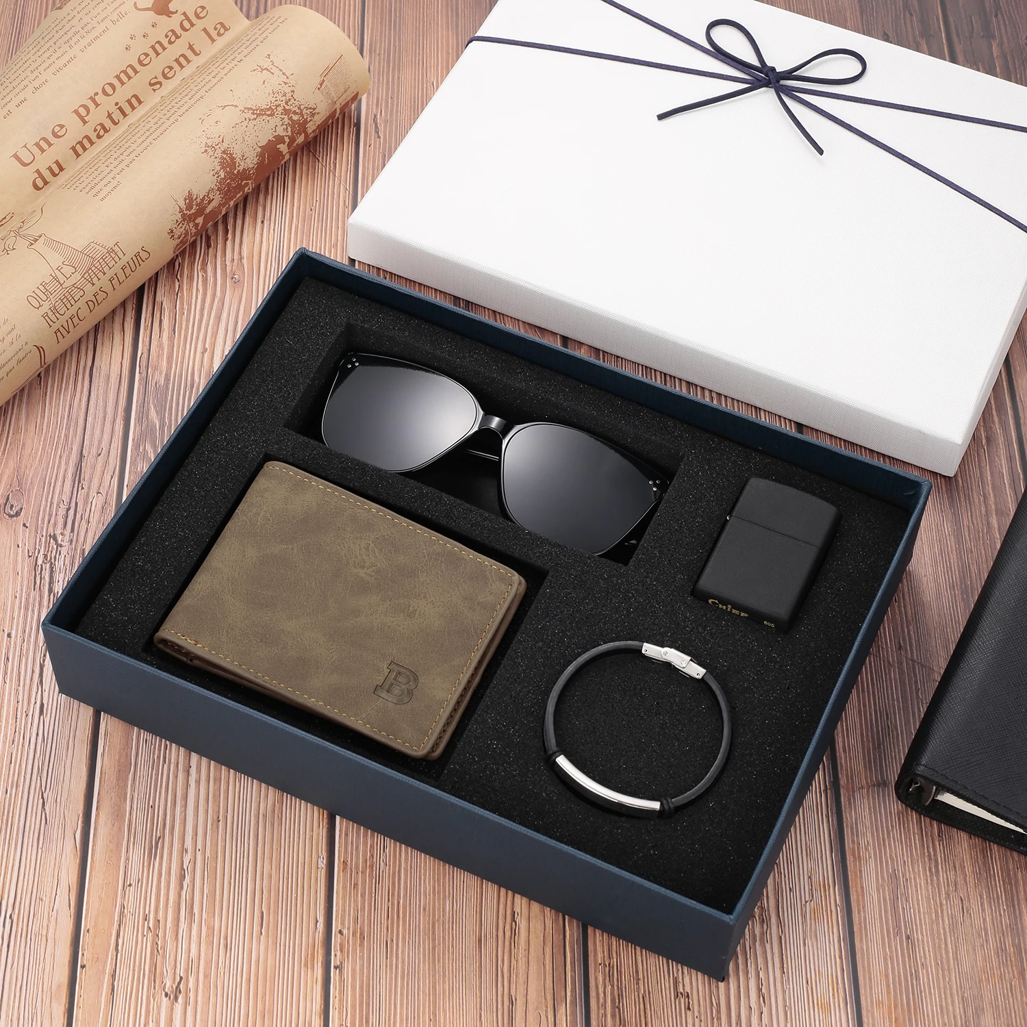 Customized Men’s Gift Box PU Leather Wallet Sunglasses Lighter Men’s Bracelet Four-piece Set The Best Gift for Boyfriend