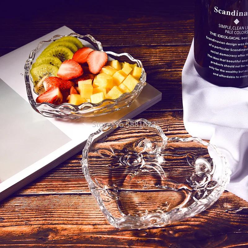 Transparent Heart Shape Rose Glass Fruit Dish Tray Floral Engraving Nuts Salad Bowl Snack Dishes Plate Tableware for Lovers | Дом и сад
