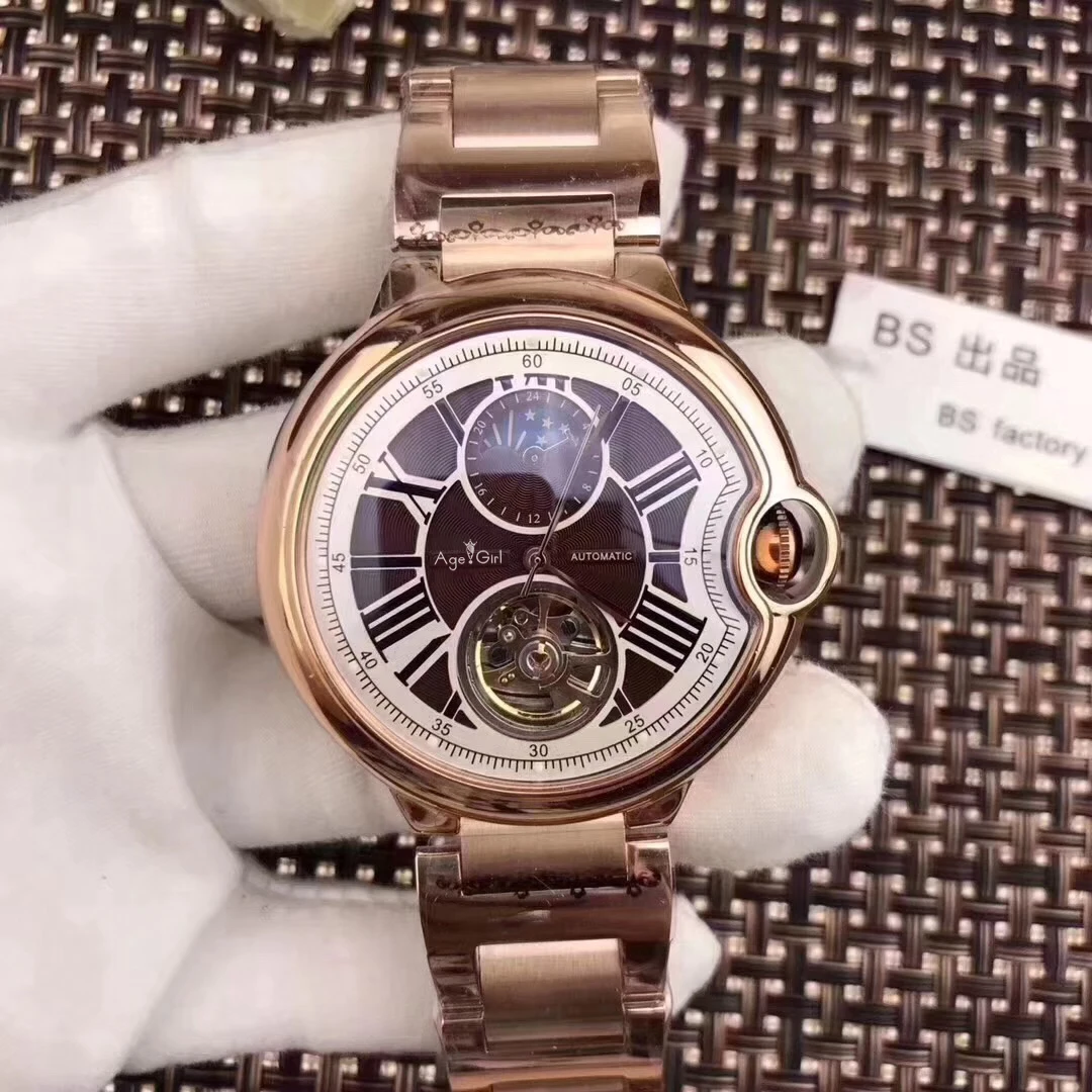 Rose Gold Coffee Роскошные брендовые новые автоматические мужские механические часы синий черный кожаный розовое золото прозрачный MoonPhase часы Tourbillion Белый AAA - Цвет: Rose Gold Coffee