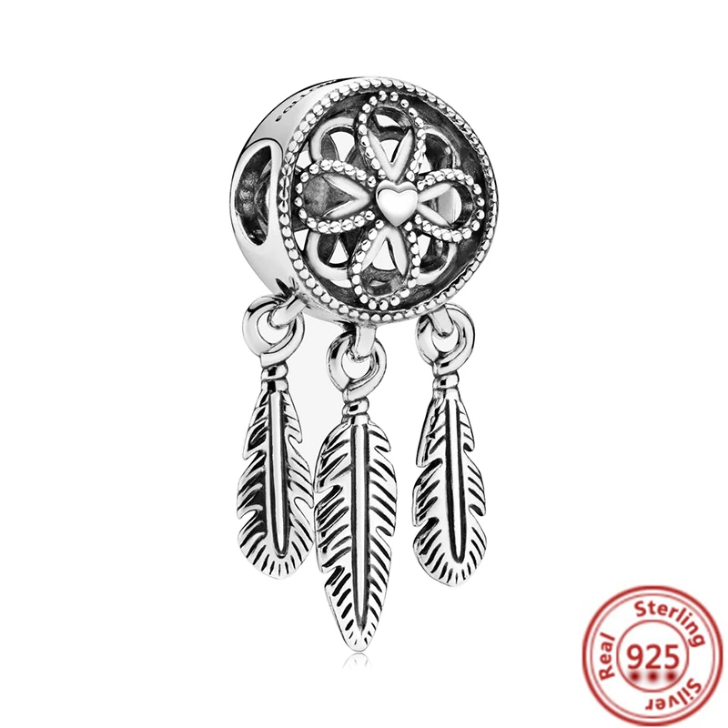 

100% 925 Sterling Silver Feather Dreamcatcher Flower Big Zircon Sparkling Beads Fit Original Pandora Charm Bracelet Jewelry Girl