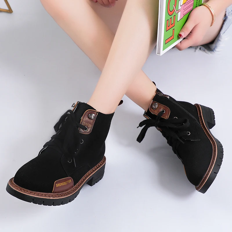 

New Fashion Lace Up Ankle Boots For Women Shoes Woman Sewing Patchwork Flock Winter Boots Square Low Heels Boots Plus Size