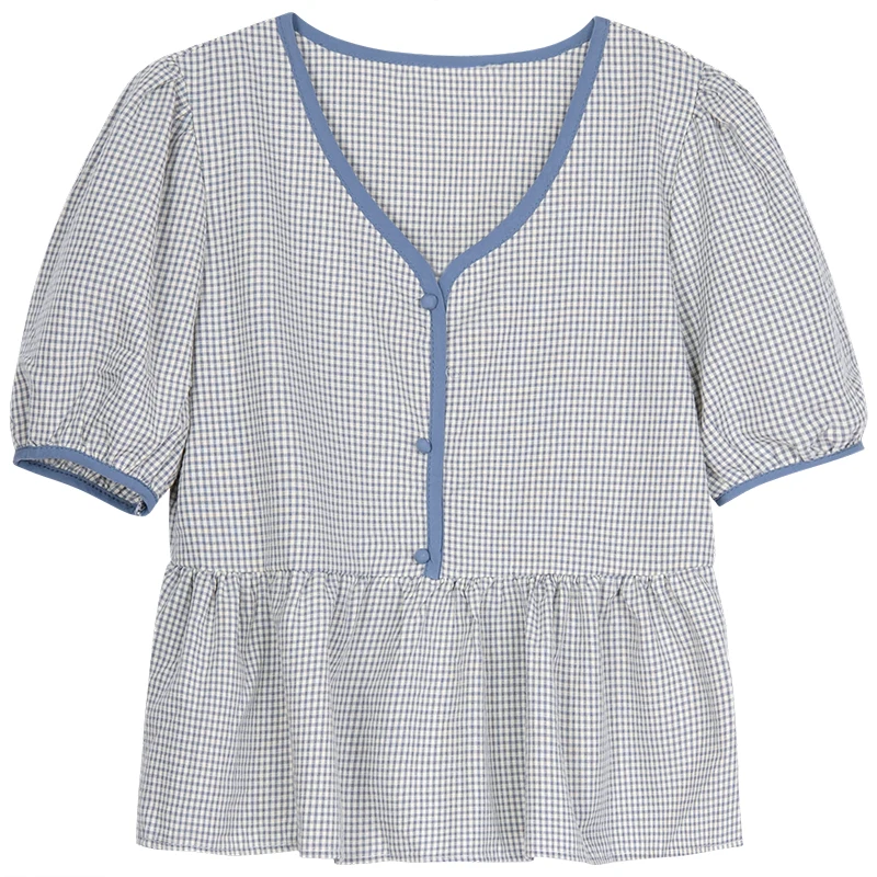

Summer versatile V-neck Plaid doll shirt design minority short sleeve top thin French Chic shirt