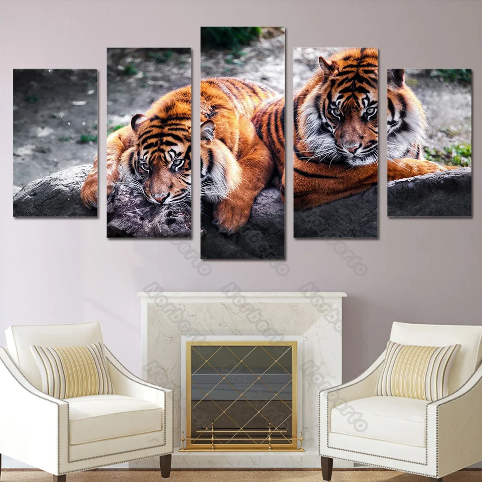 

5 Piecesa Animl Picture Frameless Canvas Painting Wall Poster Two Fierce Tigers Lying On a Wild Field for Living Rooms Decoratio