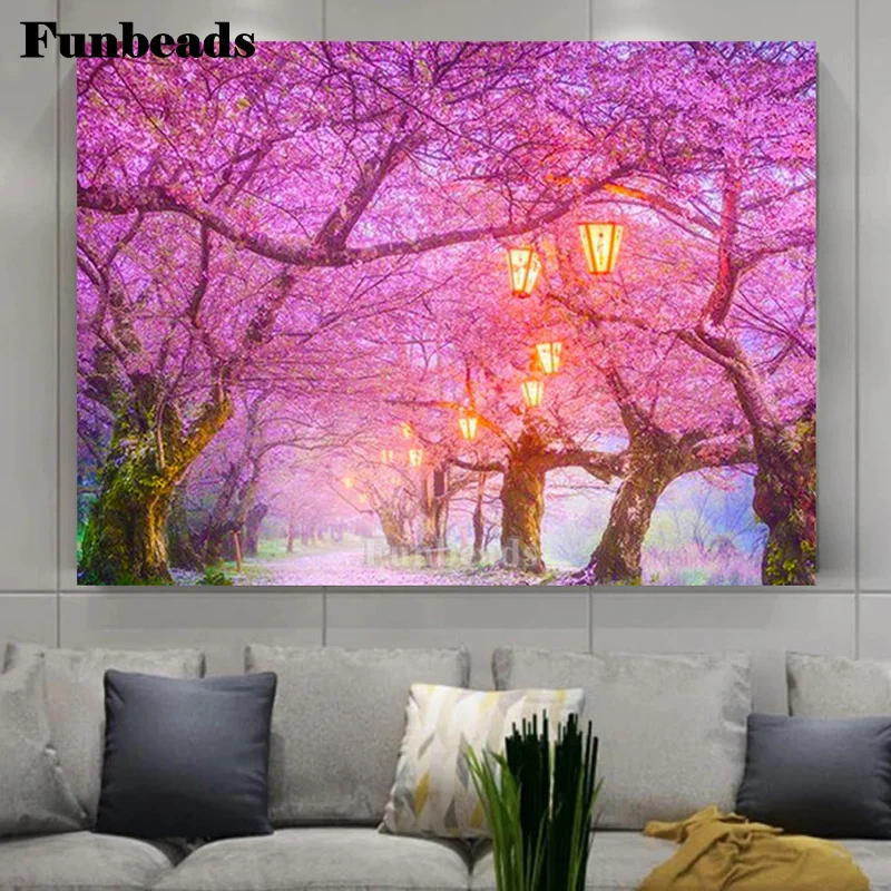 

5D алмазная живопись «сделай сам», цветок вишни, сад, полная выкладка, Алмазная мозаика, вышивка крестиком, вышивка, розовый цветок, дерево, пе...