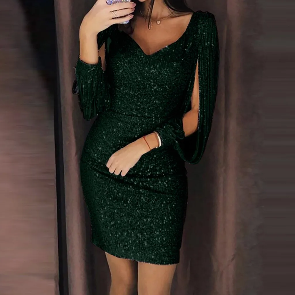 Fashion Women Sexy Solid Sequined Stitching Shining Club Bodycon Party Dress Elegant Long Sleeve Mini Plus Size Vestidos | Женская