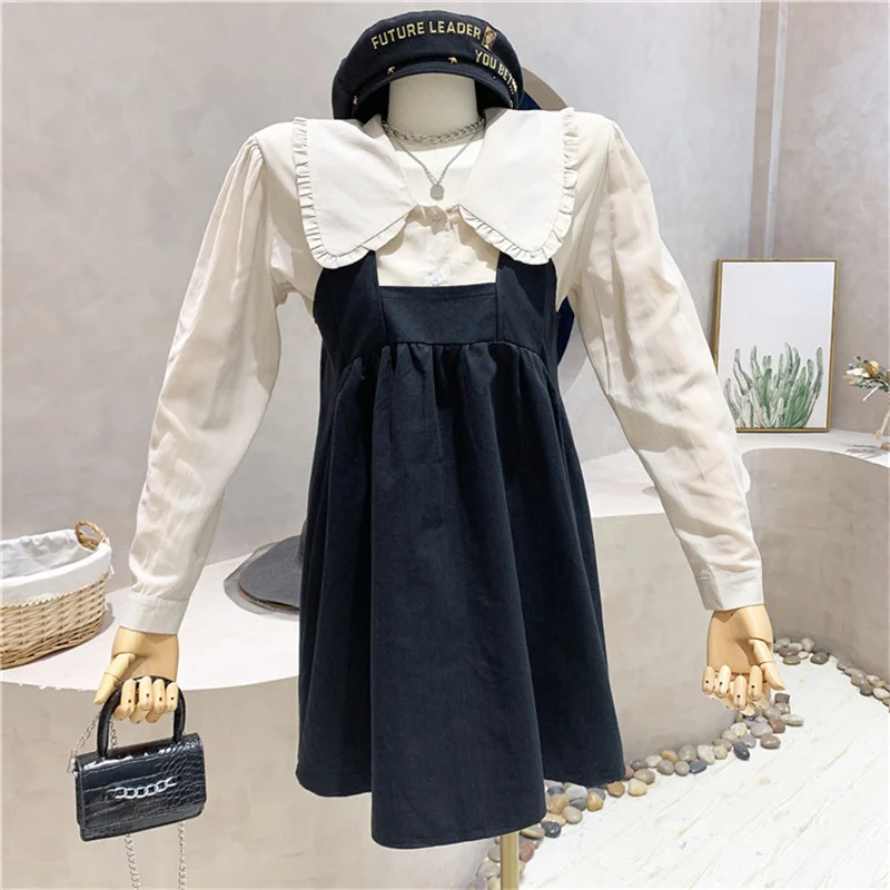 

NEW Design Women Clothing Autumn 2021 Doll Collar Bubble Short-sleeved Shirt Strap Skirt A-line Skirt Loose Dress Two-piece Suit