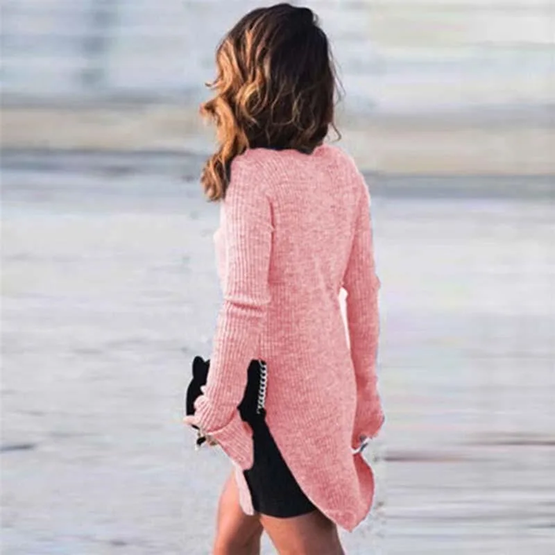 

Autumn Women Casual Turtleneck Sweater Fashion Design Elegant Women Tops Split Pullovers Sweater Solid Color