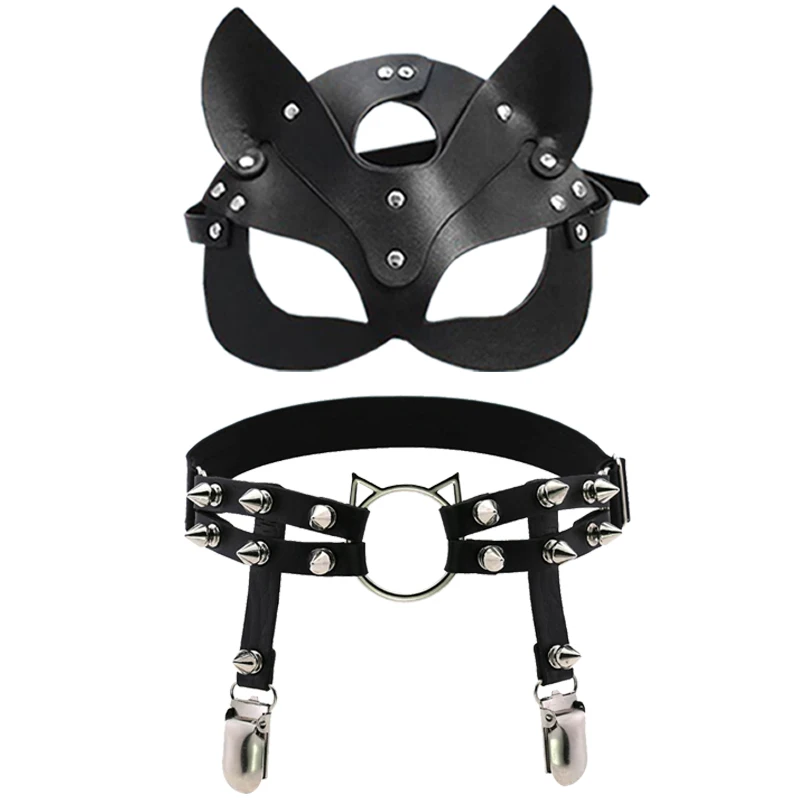 

Кожаная маска и модные трендовые уличные милые кошачьи ушки с заклепками и заклепками, ножные клипсы с вырезами, регулируемые ножные кольца