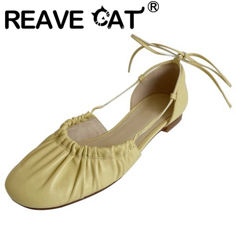 

REAVE CAT 2021 Comfort Plus Ladies Flats Pleated Round To Ankle Strap Chunky Heel Shoes 1.5cm US8 9 Black Yellow Apricot A4292