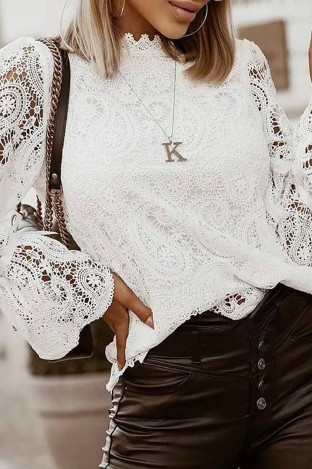 

XUXI Women Fashion Shirt Stand-up Collar Long-sleeved Lace Shirt Pullover Top Spring Autumn 2021 E1941